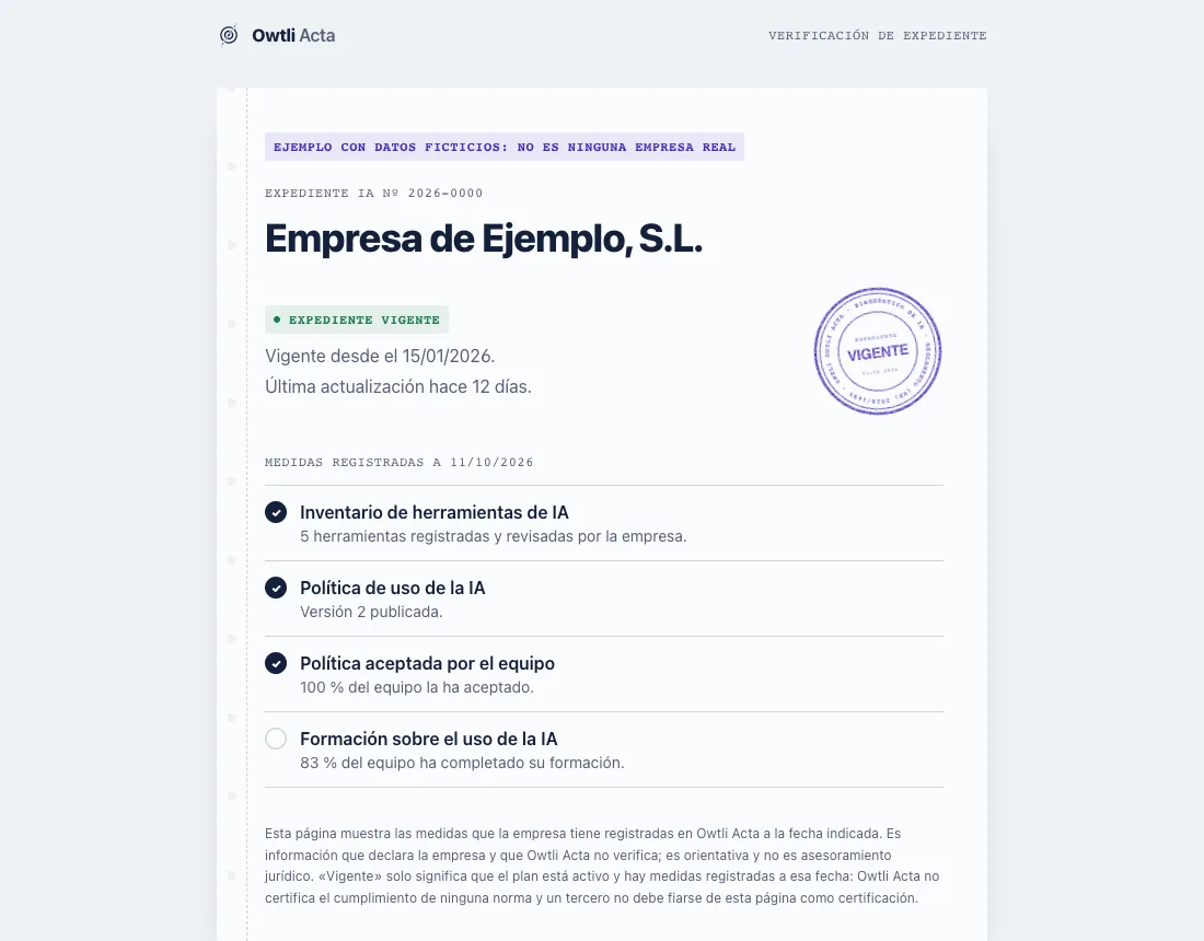 Página pública de verificación de un expediente de ejemplo: expediente vigente desde una fecha, actualizado hace 12 días y cuatro medidas registradas.